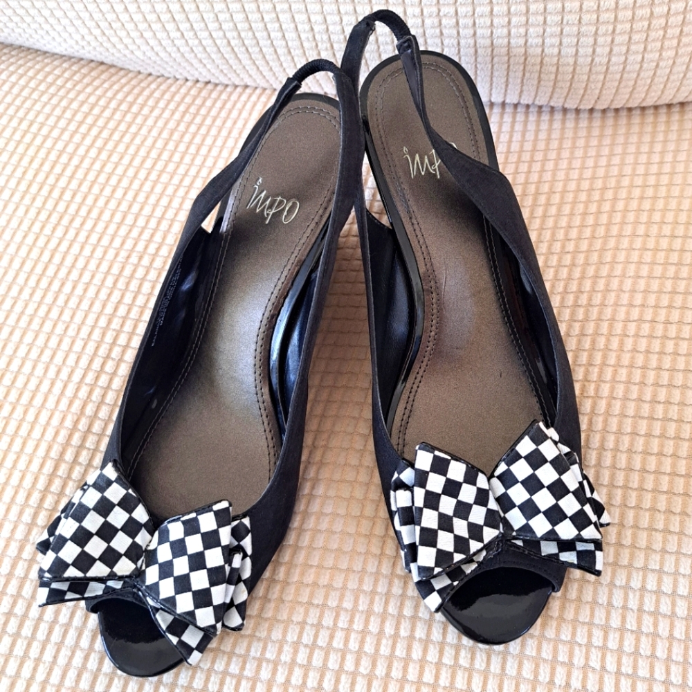 Impo Black  Slingback Wedge with Checkered Bow